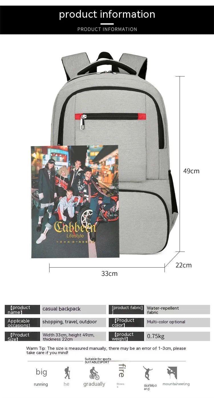 Light grey insulated Oxford cloth backpack with curved shoulder straps and pull rod belt for travel