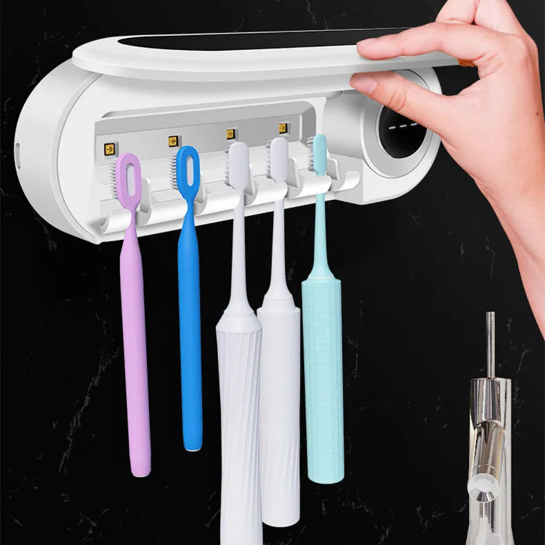 Ivory White wall mounted toothbrush holder with UV sterilizer, toothpaste dispenser squeezer, and backlit digital display