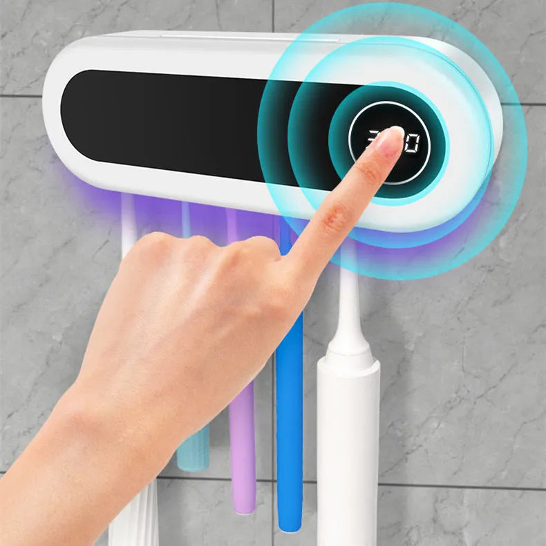 Ivory White wall mounted toothbrush holder with UV sterilizer, toothpaste dispenser squeezer, and backlit digital display