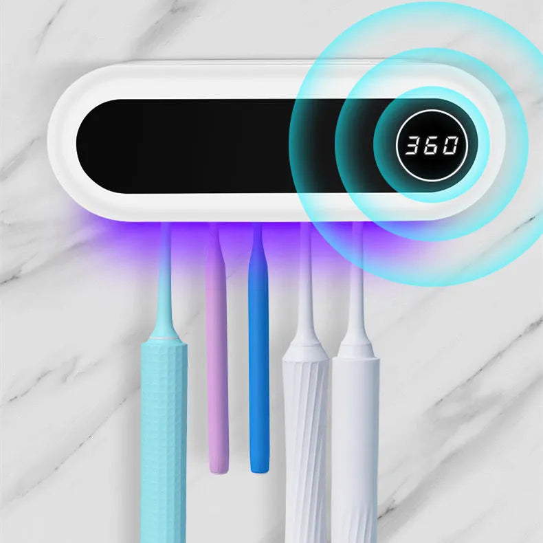 Ivory White wall mounted toothbrush holder with UV sterilizer, toothpaste dispenser squeezer, and backlit digital display