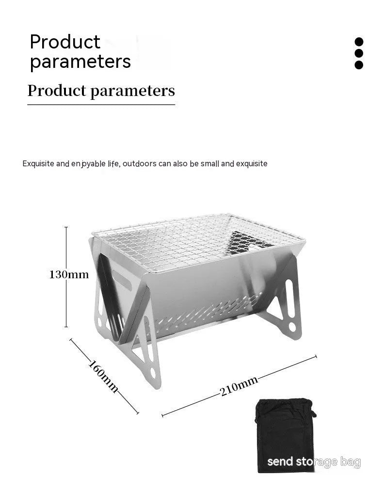 Folding stainless steel barbecue oven and BBQ grill with storage bag for outdoor use.