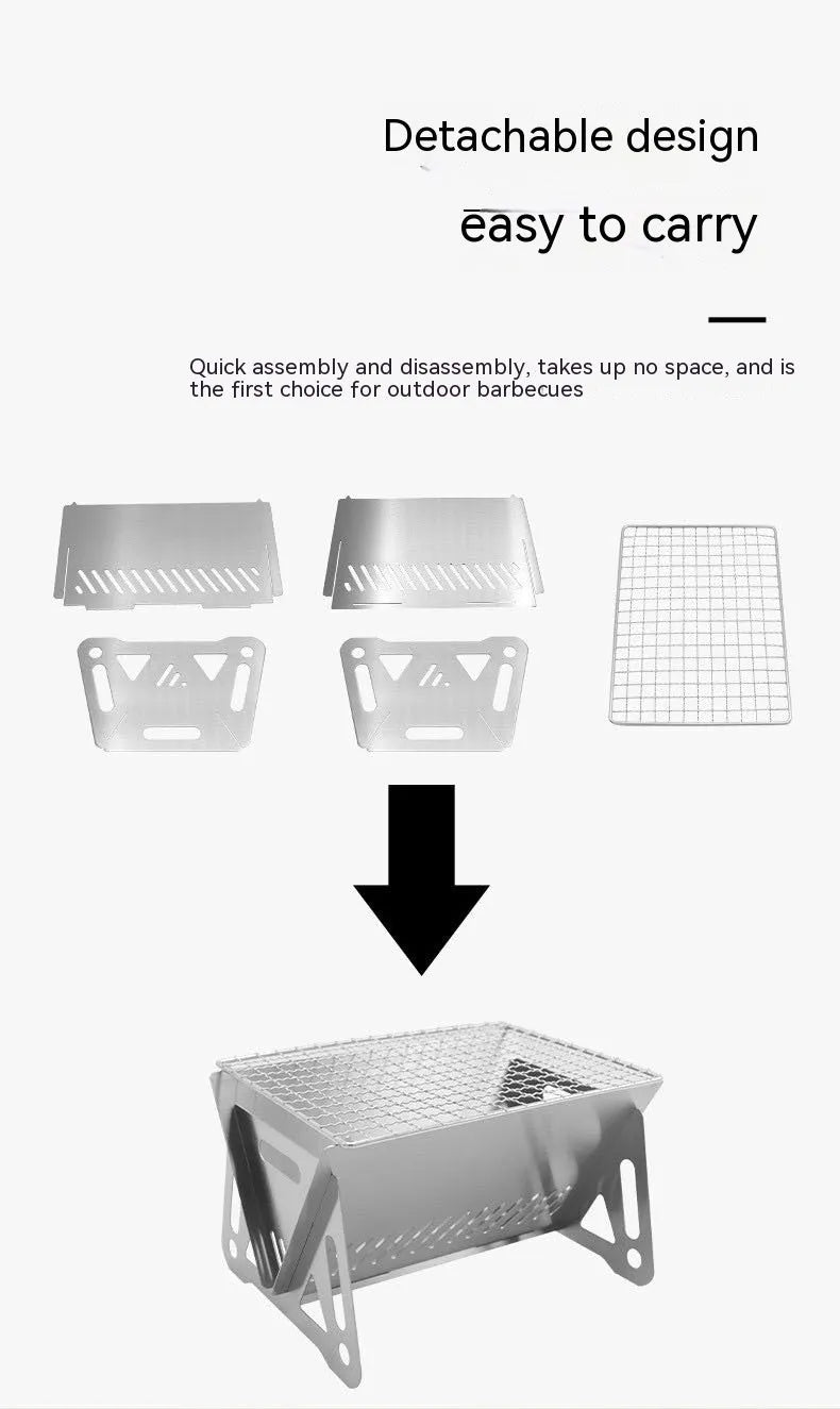 Folding stainless steel barbecue oven and BBQ grill with storage bag for outdoor use.