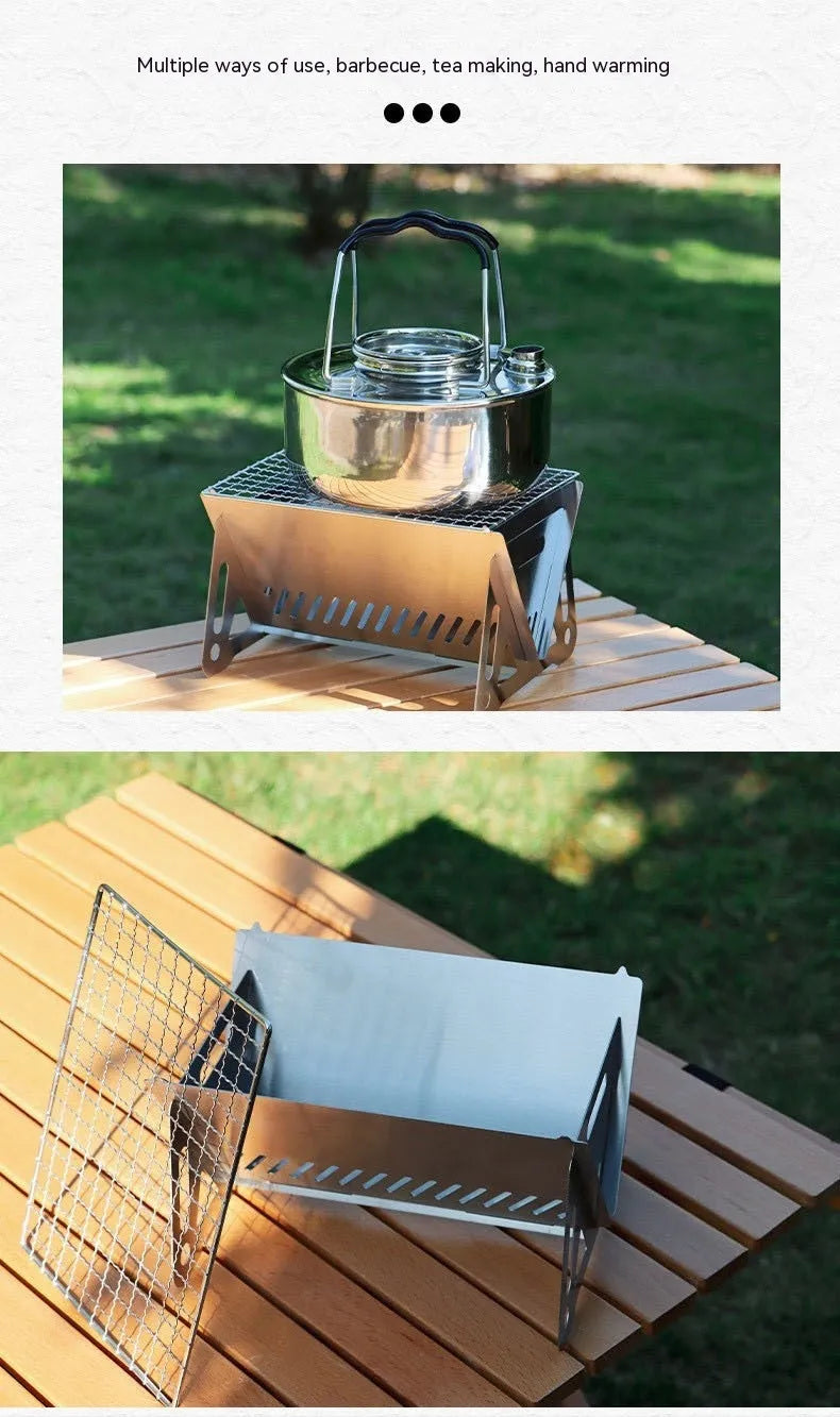 Folding stainless steel barbecue oven and BBQ grill with storage bag for outdoor use.