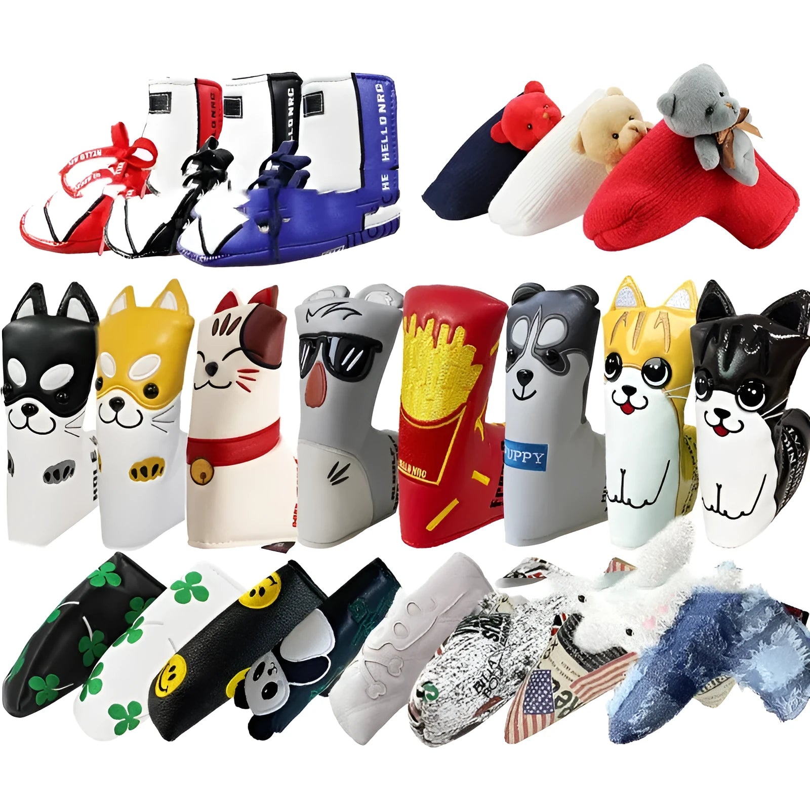Golf putter sleeve with waterproof PU exterior and fleece lining in various novelty pattern options