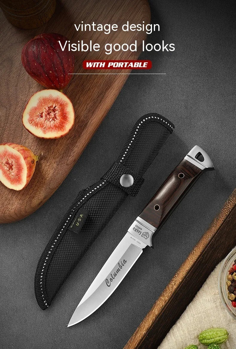 Camping portable fruit knife with stainless steel blade and leather sheath case