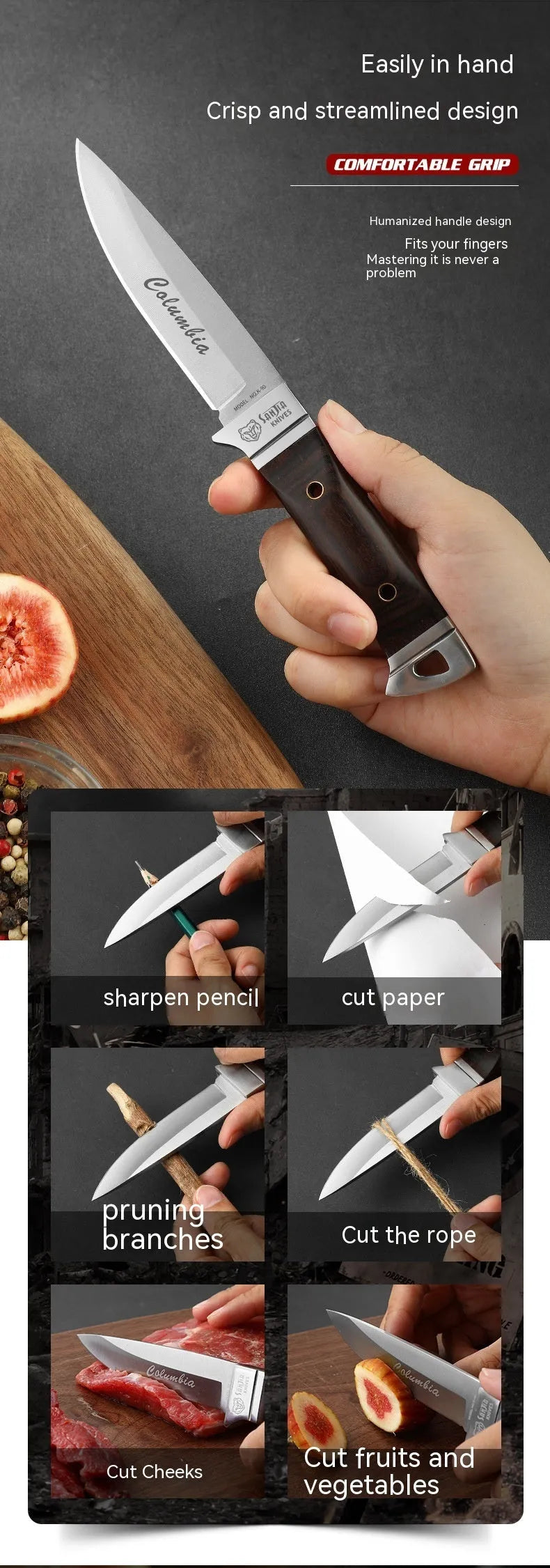 Camping portable fruit knife with stainless steel blade and leather sheath case