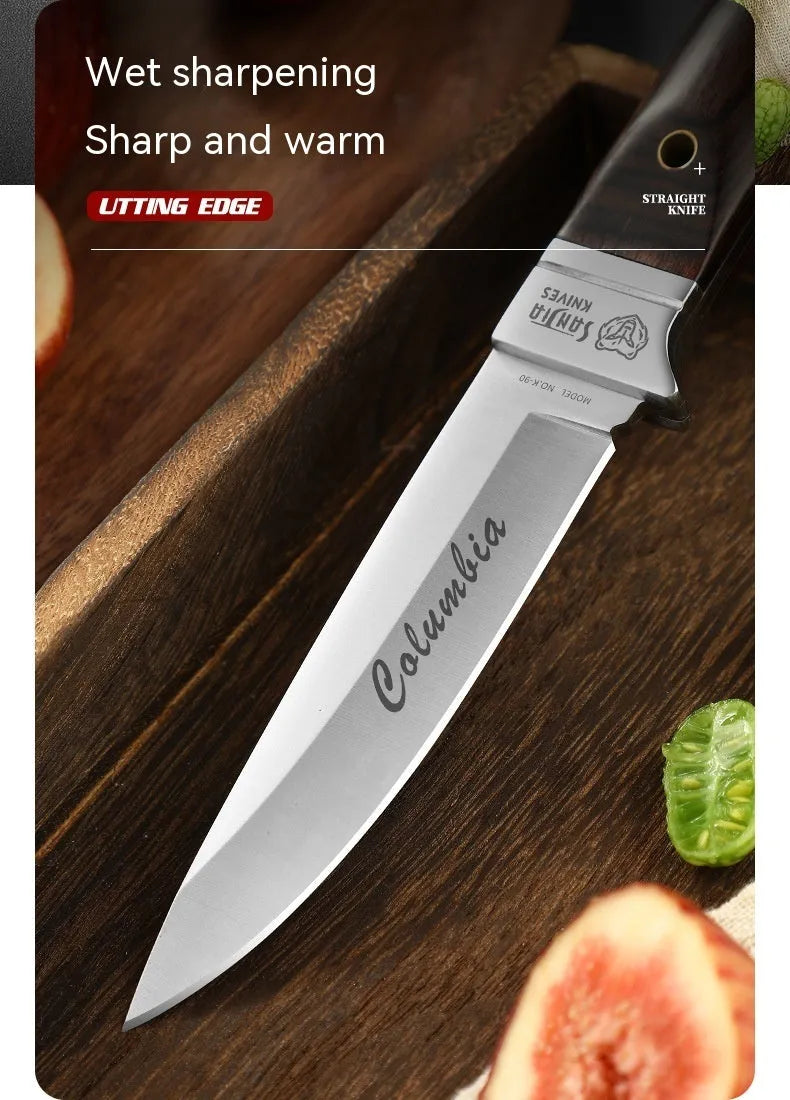Camping portable fruit knife with stainless steel blade and leather sheath case