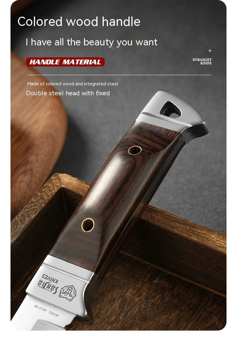 Camping portable fruit knife with stainless steel blade and leather sheath case