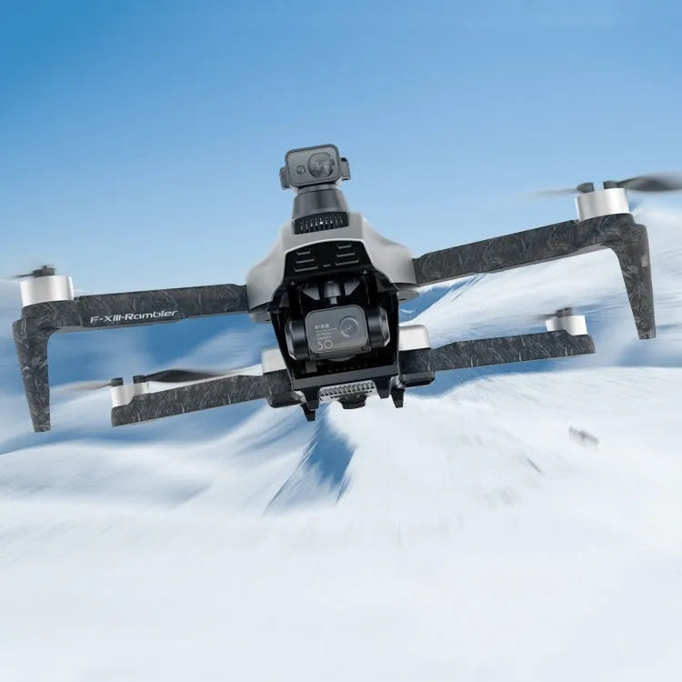 White folding quadcopter drone with 4K camera and obstacle avoidance sensors, shown with remote control and shoulder bag.