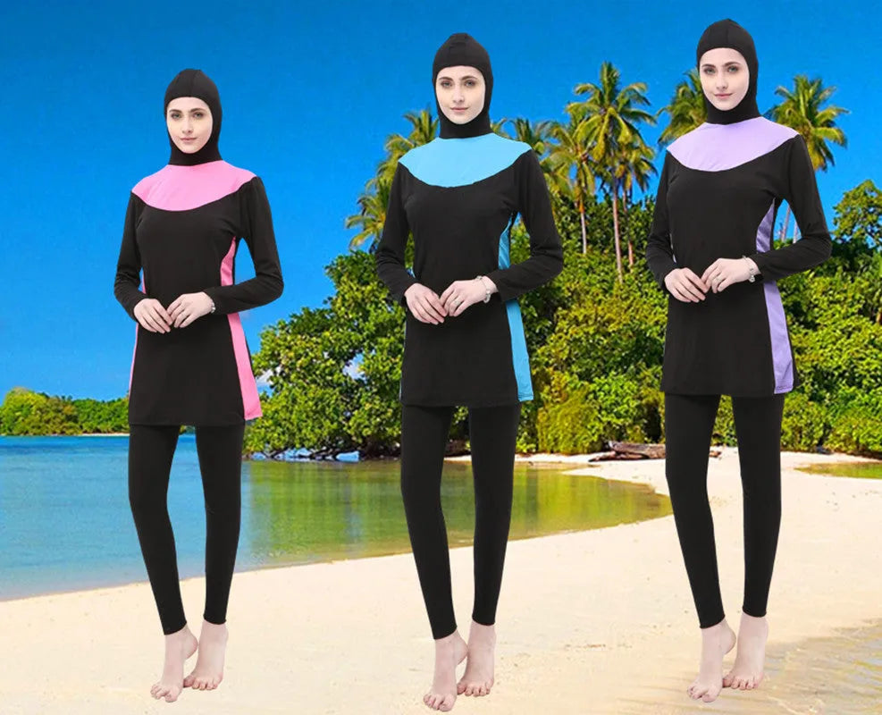 Conservative long-sleeved hooded women's swimsuit in black with coloured trim.