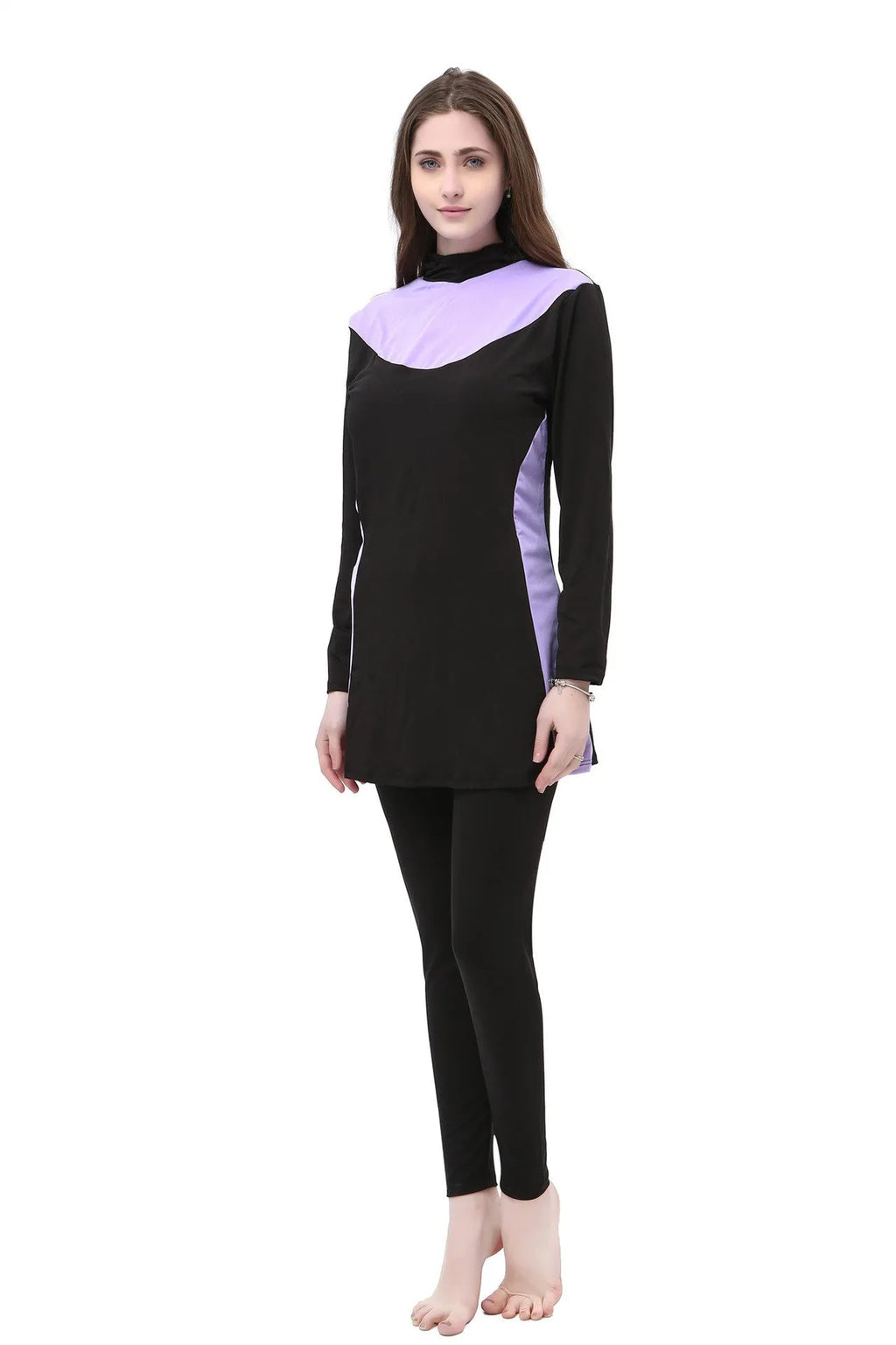 Conservative long-sleeved hooded women's swimsuit in black with coloured trim.