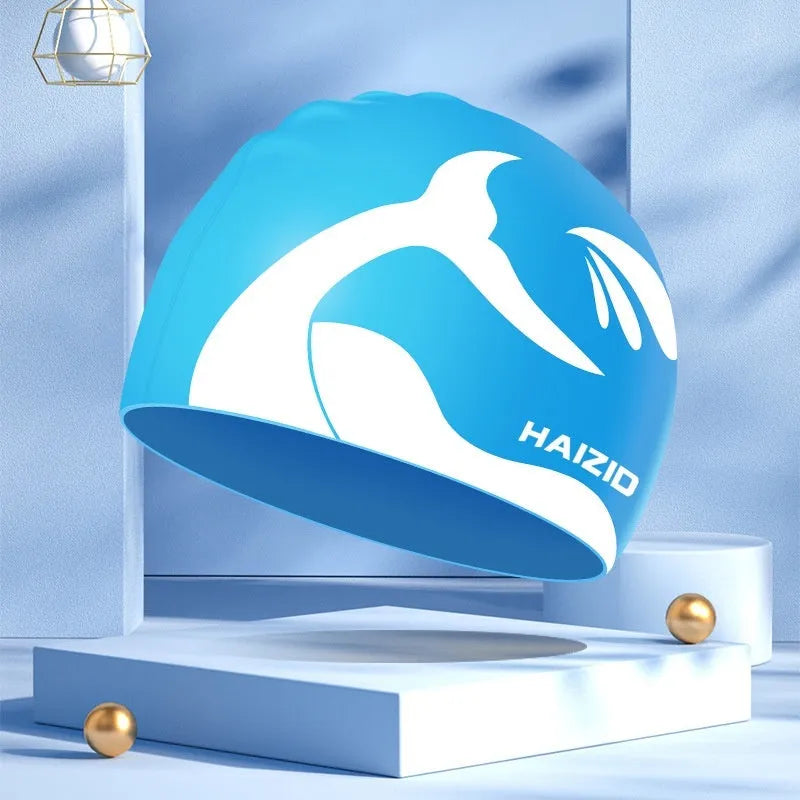 Whale tail pattern silicone swimming cap with waterproof ear protectors in multiple colour options