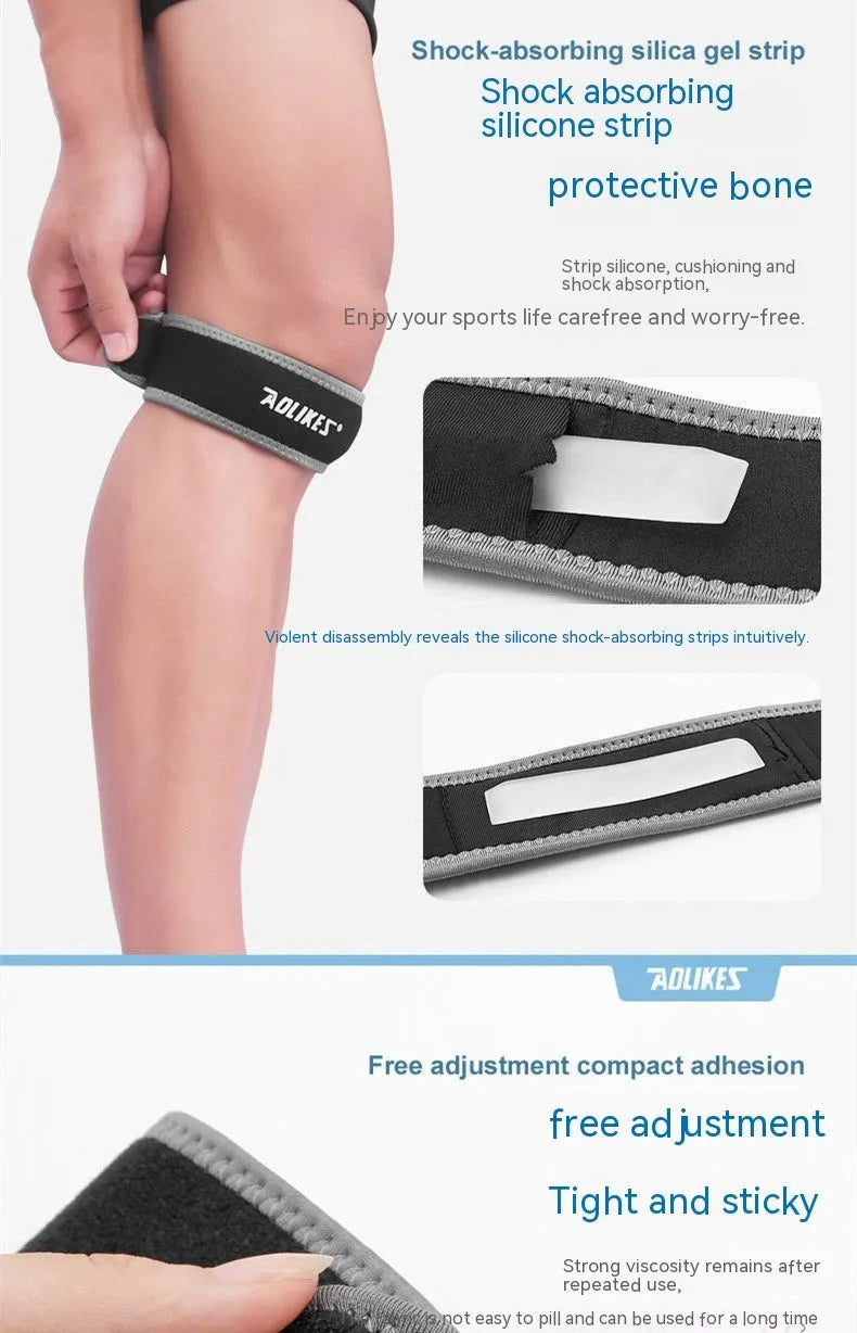 Black and grey patella retinaculum knee pad for outdoor sports protection.