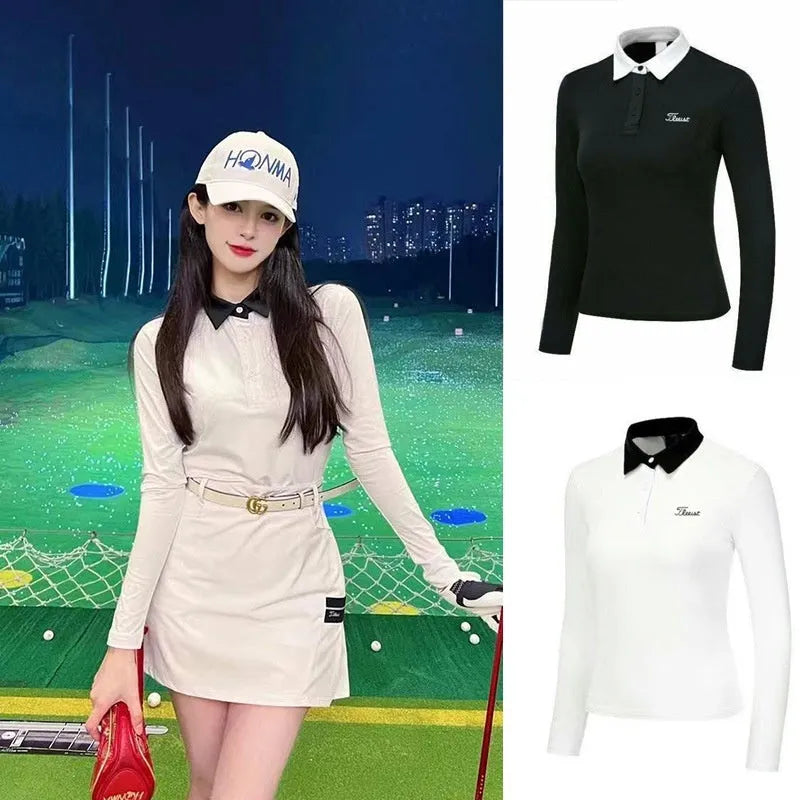Women's white long sleeve golf top with sportswear design for outdoor activities