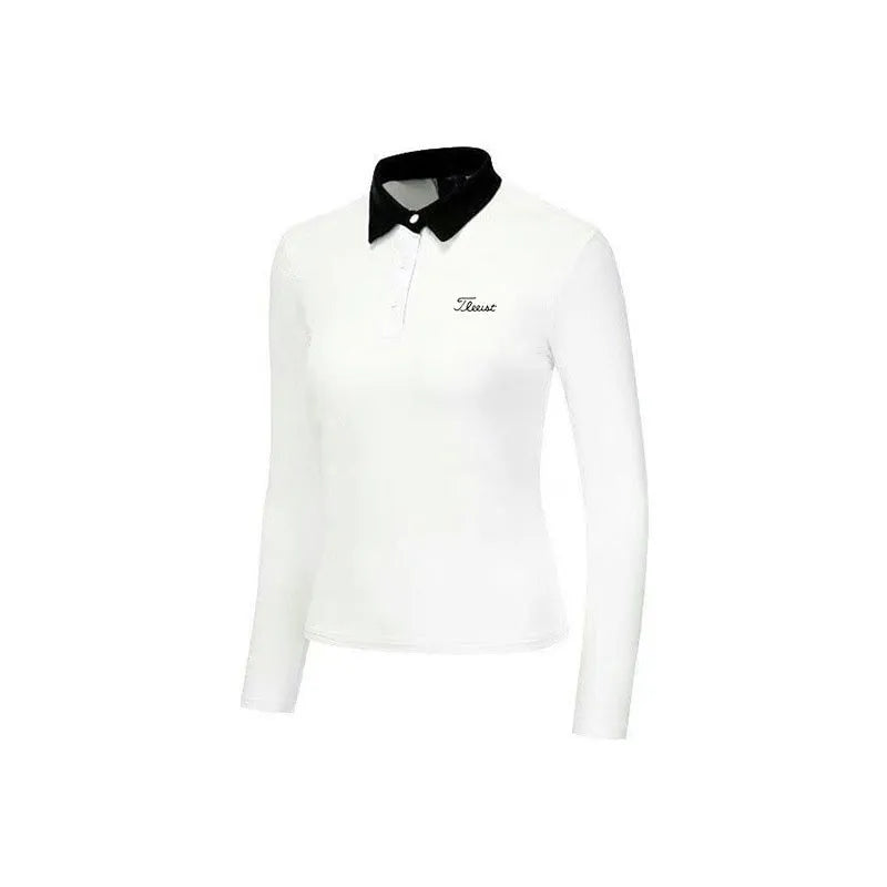 Women's white long sleeve golf top with sportswear design for outdoor activities