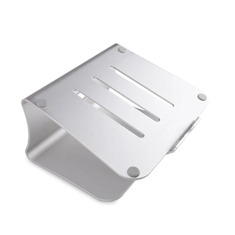 Silver aluminium laptop cooling bracket with striped heat sink on a rotary base.