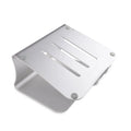 Silver aluminium laptop cooling bracket with striped heat sink on a rotary base.