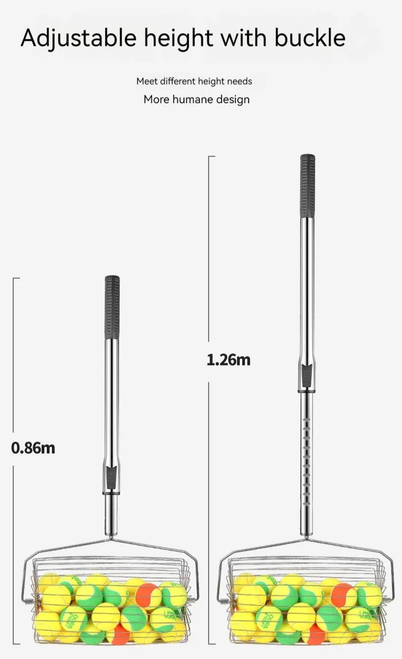 Stainless steel manual roller tennis ball picker on a court surface.