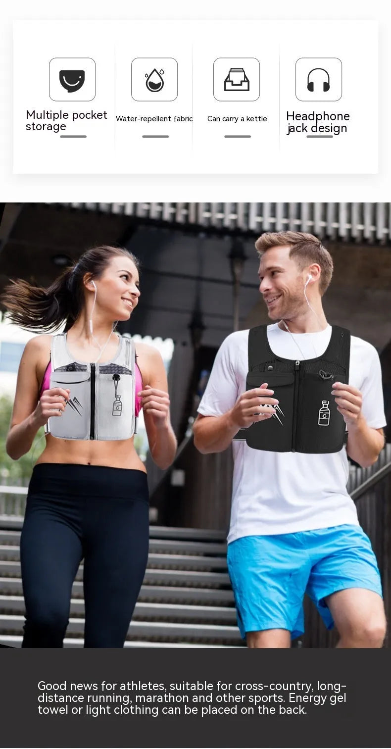 Breathable mesh running vest with integrated mobile phone pouch for outdoor sports