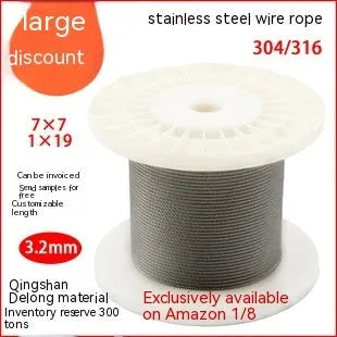 Coil of 304 stainless steel multi-strand security cable on a white background