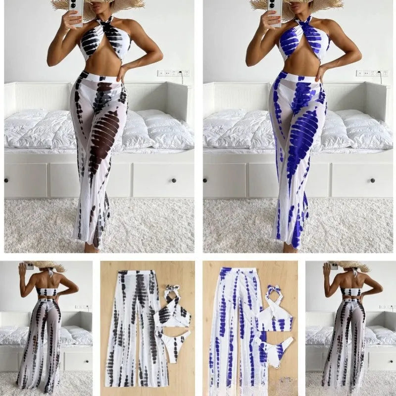 Women's black printing three-piece swimsuit set with mesh trousers, bikini top and underpants