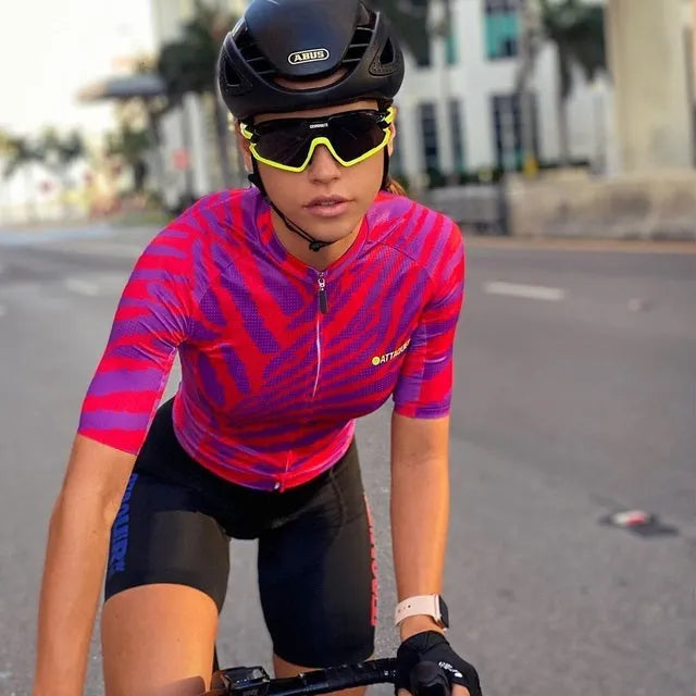 Attaquer women's kaleidoscope print cycling jersey and bib shorts set on a mannequin
