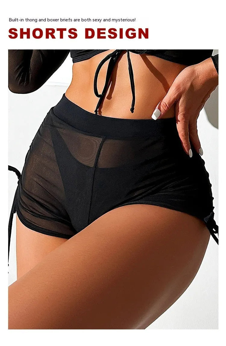 Black long sleeve mesh bikini set for women with briefs-style bottoms