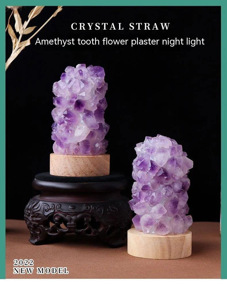 Natural amethyst vug tooth flower mini night light USB plug-in crystal lamp with warm light option on a wooden surface