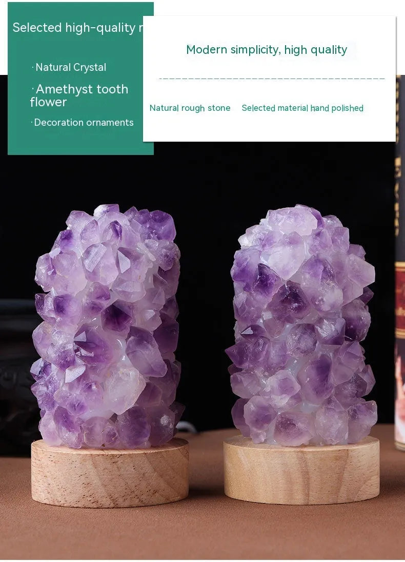 Natural amethyst vug tooth flower mini night light USB plug-in crystal lamp with warm light option on a wooden surface