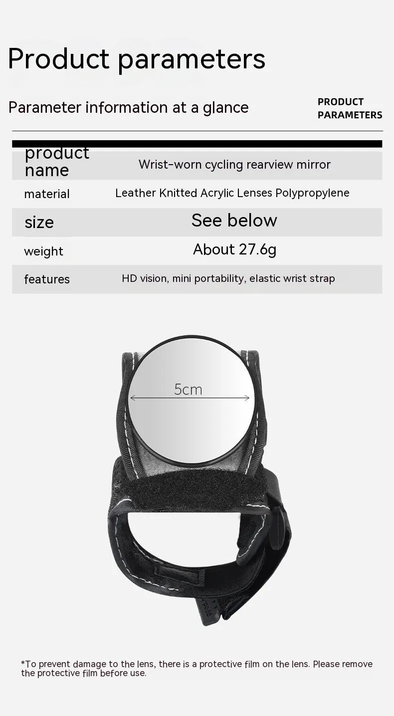 Black nylon wrist-mounted bicycle rear-view mirror shown on a cyclist's wrist.