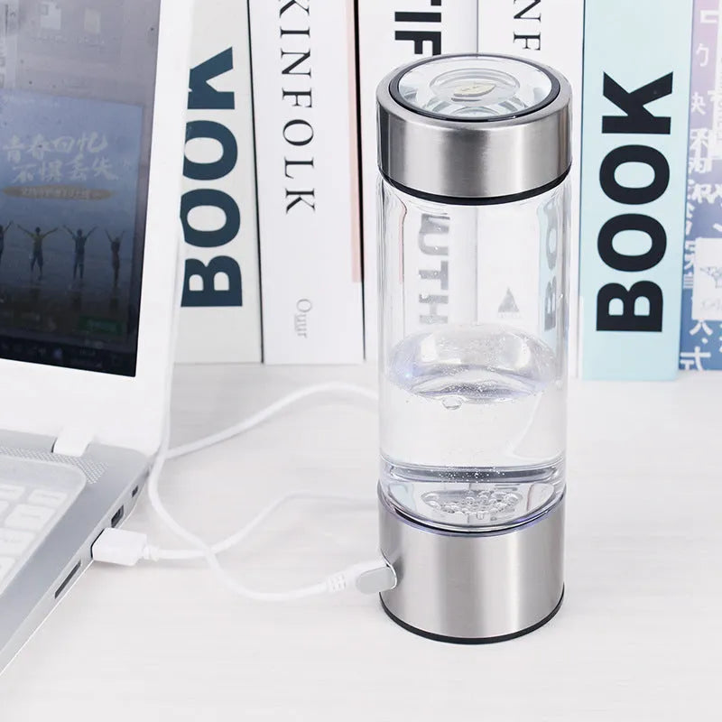 Hydrogen water bottle with electric generator, borosilicate glass, 500ml capacity, silver colour