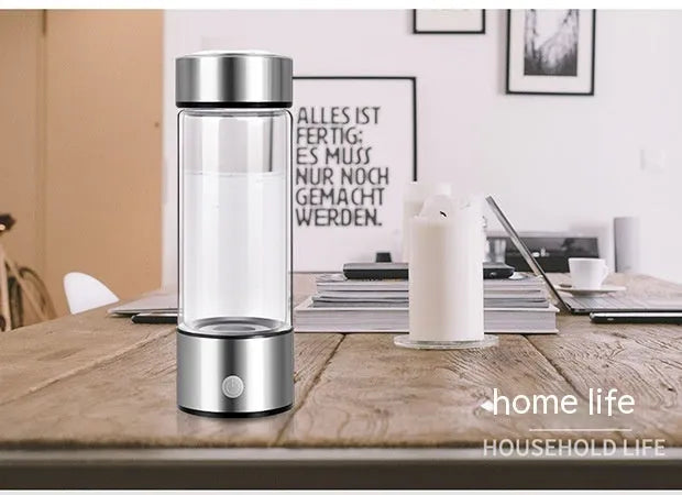 Hydrogen water bottle with electric generator, borosilicate glass, 500ml capacity, silver colour
