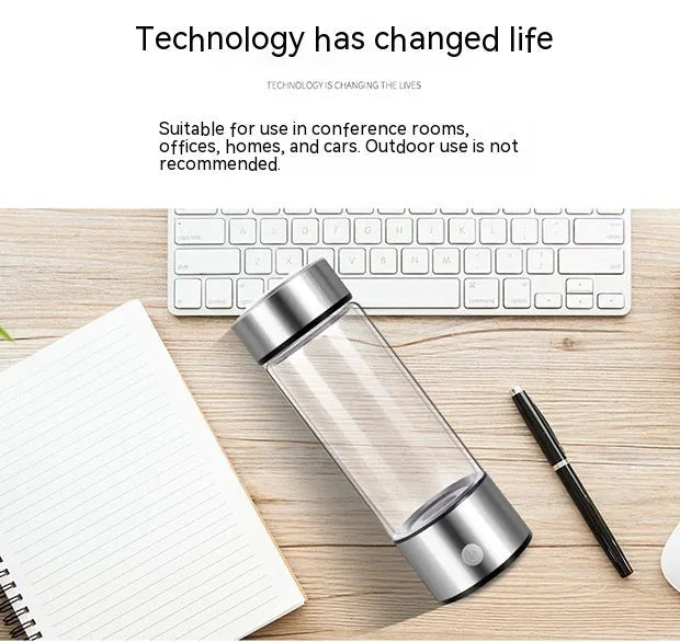 Hydrogen water bottle with electric generator, borosilicate glass, 500ml capacity, silver colour