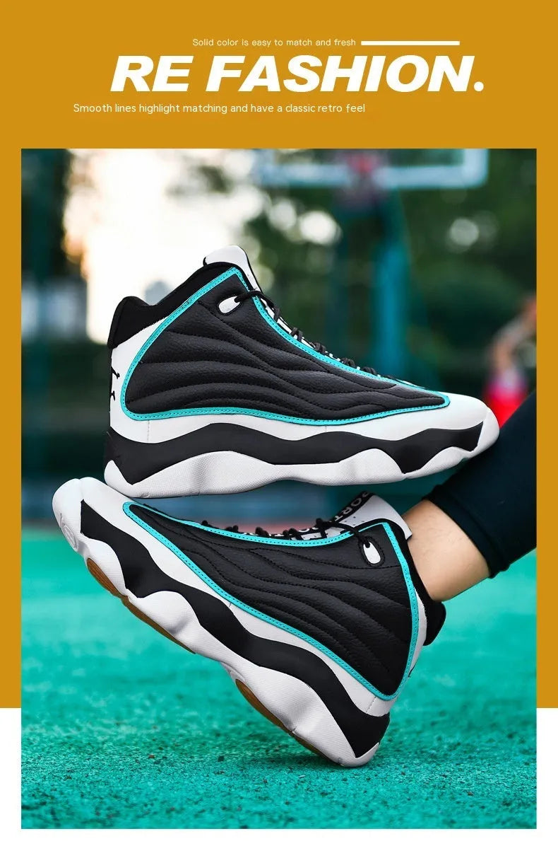 Men's high-top basketball shoes with thick rubber sole and mesh upper in white and red colourway.