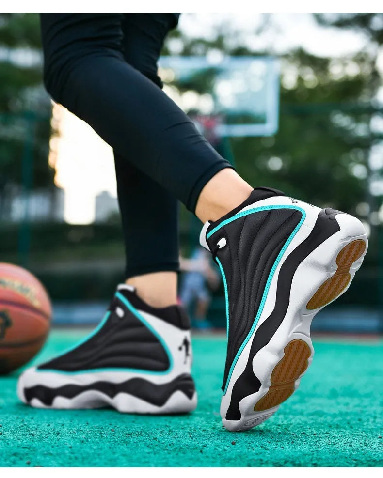 Men's high-top basketball shoes with thick rubber sole and mesh upper in white and red colourway.