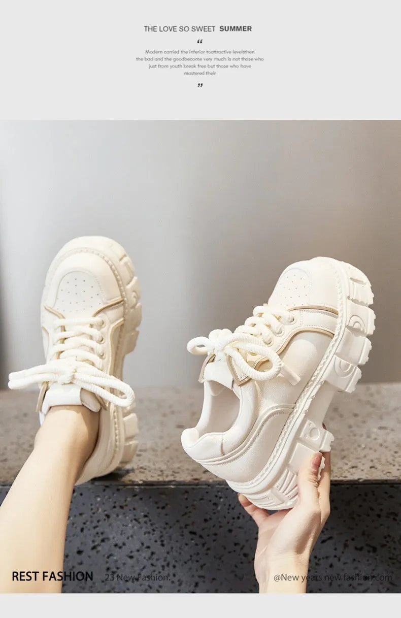 Beige and pink leather platform shoes with muffin bottom spring fashion styling