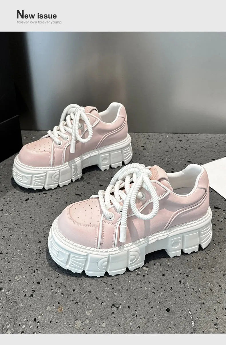 Beige and pink leather platform shoes with muffin bottom spring fashion styling