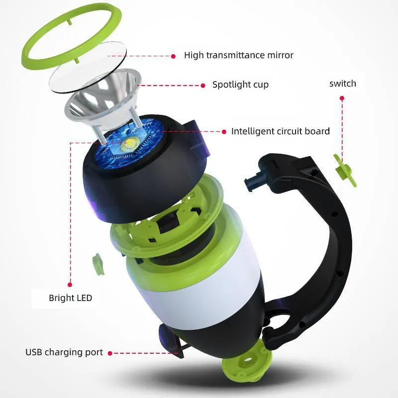 Black green three-in-one LED camping lamp with adjustable head and USB charging port