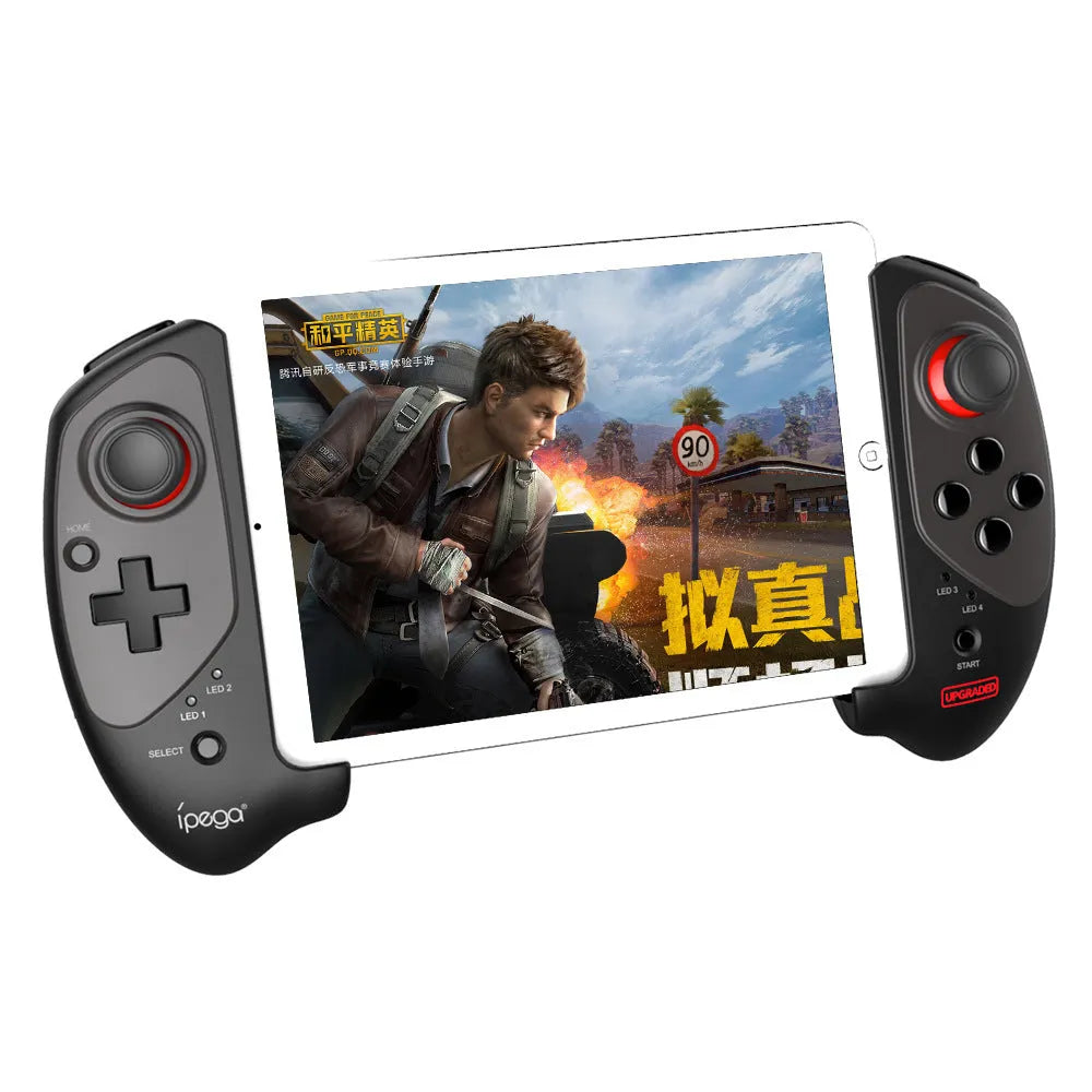 Red telescopic Bluetooth gamepad for mobile and PC with USB cable.