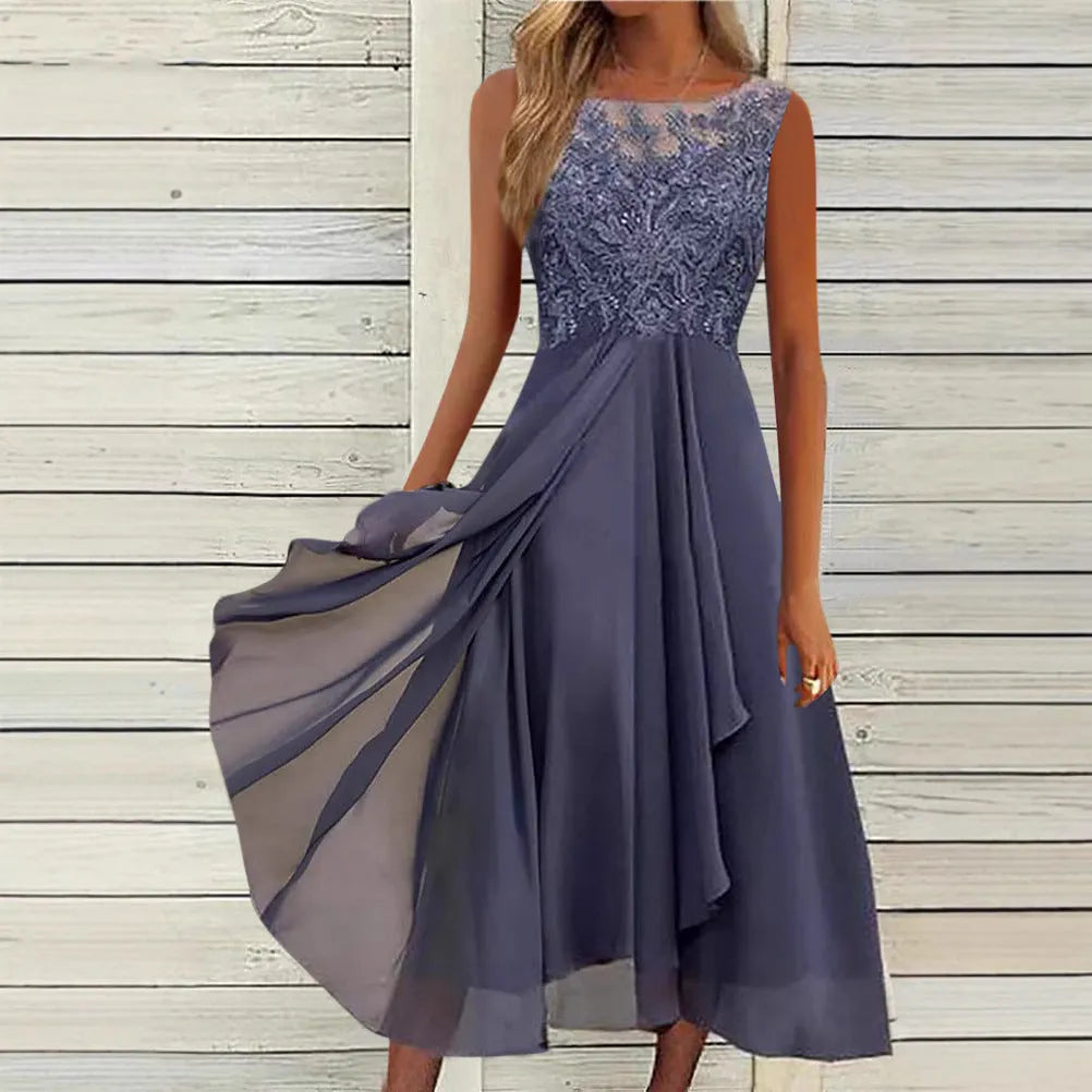 Women's sleeveless green chiffon dress with lace hollow-out detail, mid-length princess style