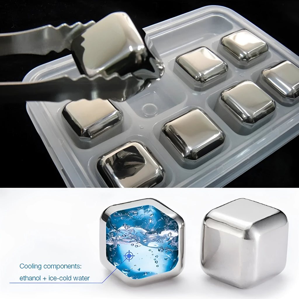 8-piece stainless steel whiskey stones set with tongs in plastic box, various shapes including squares and diamonds