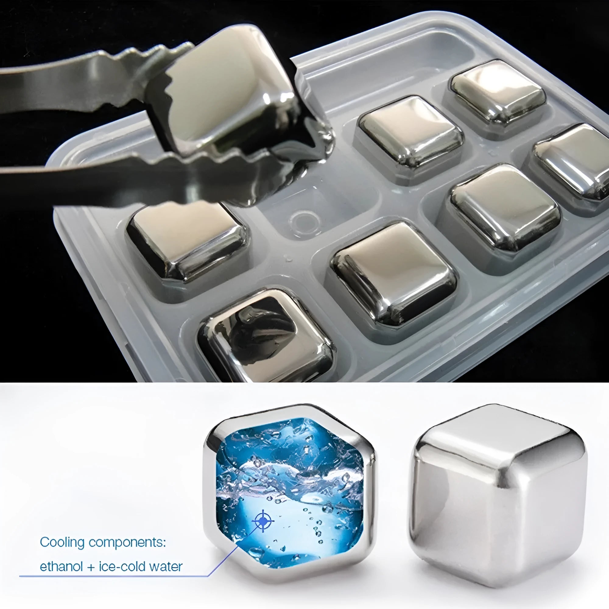 8-piece stainless steel whiskey stones set with tongs in plastic box, various shapes including squares and diamonds