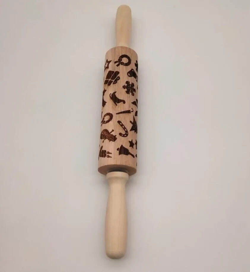 Wooden Christmas embossing rolling pin with snowflake pattern, 45cm length, natural wood finish