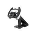 Black ABS plastic steering wheel bracket for smartphones with a large suction cup on its base.