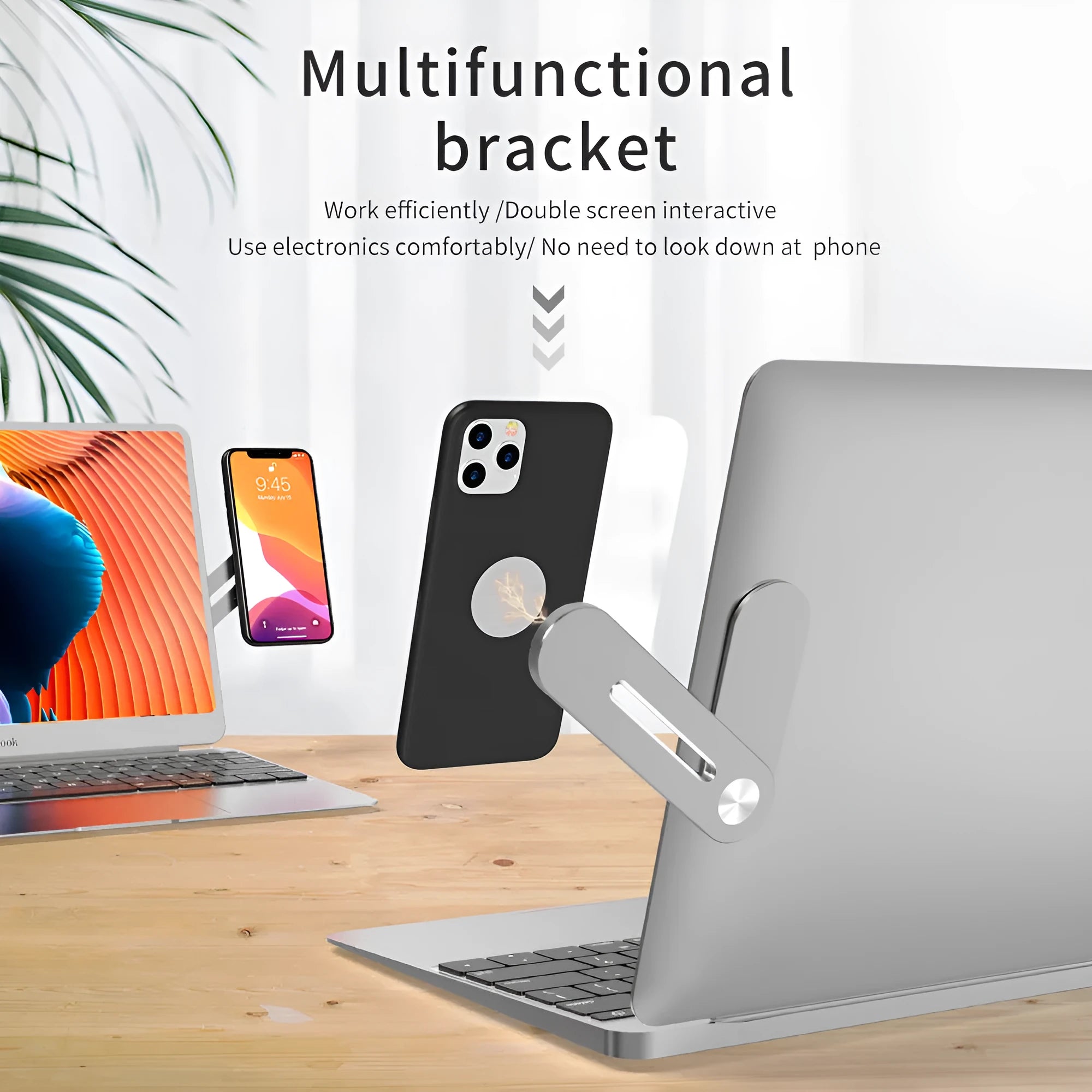 Aluminium alloy adjustable laptop side mount screen holder for tablet and phone in silver finish