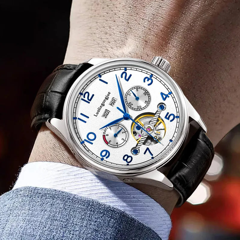 Business hollow men's mechanical watch with sapphire crystal glass and stainless steel case