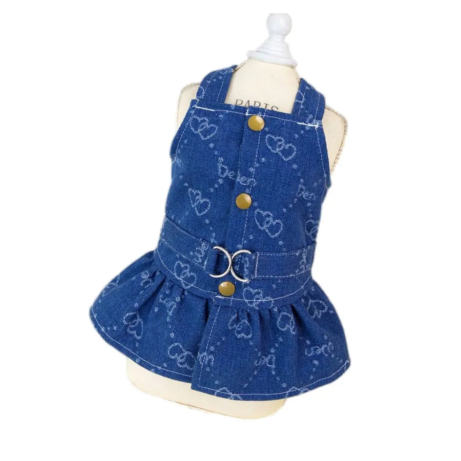 Teddy Bichon wearing thin denim princess dress with bracket-skirt design in HNXD denim colour