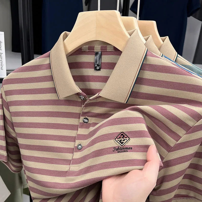 Men's striped short sleeve casual top in polyester with mosaic pattern, shown in blue colour.