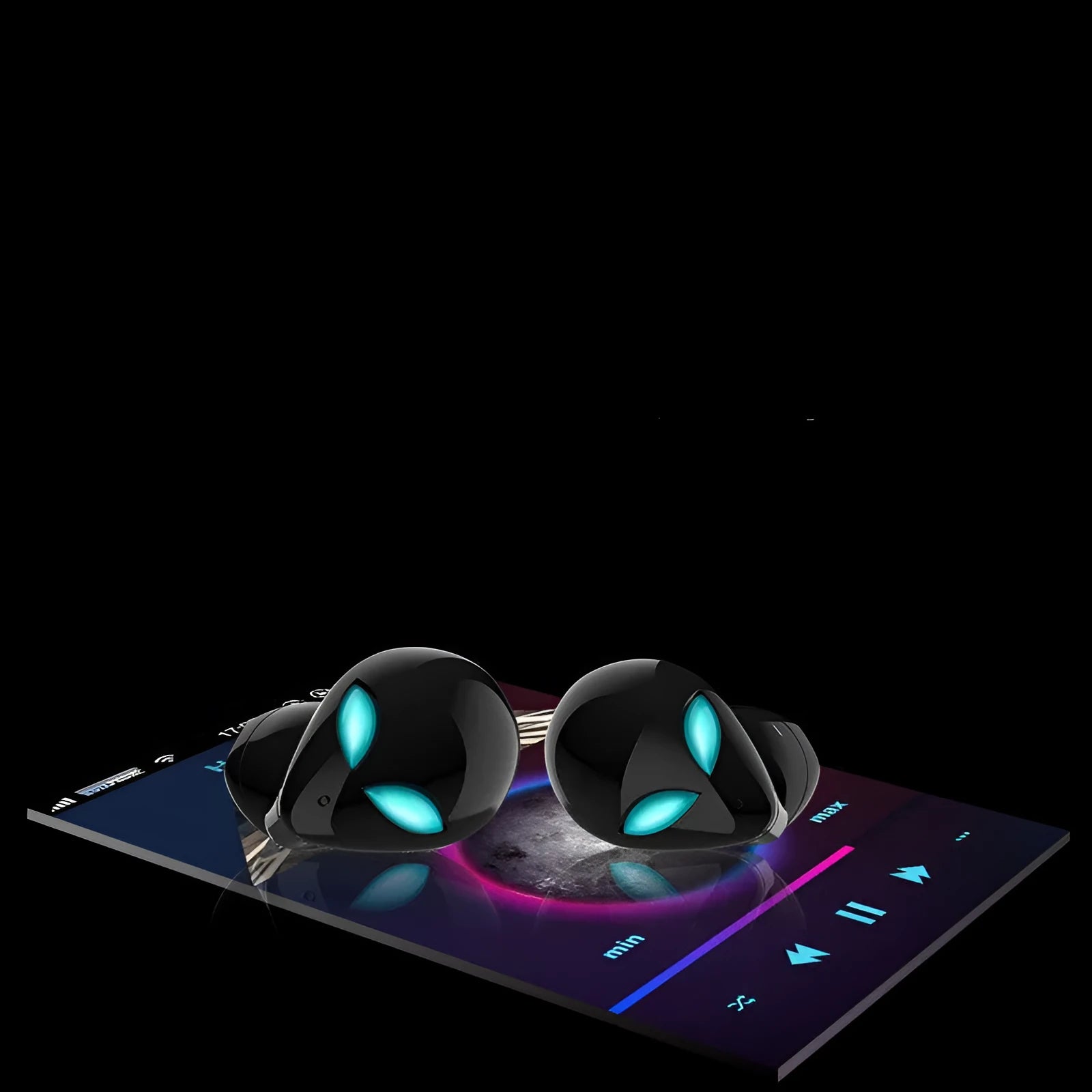 Creative Outer T8 Starman alien design wireless Bluetooth earphones in black and white with charging case.