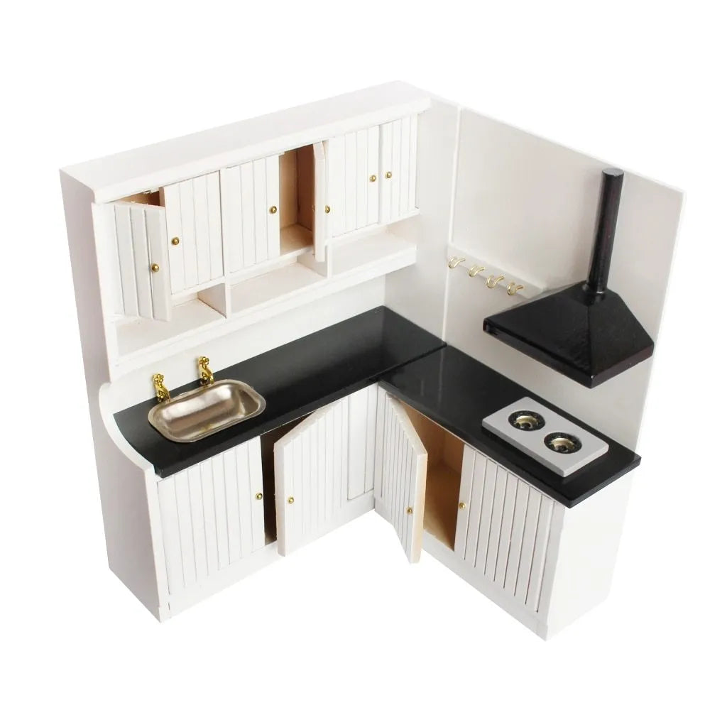 White birch wood dollhouse kitchen cabinet set with sink and stove cabinets and working doors